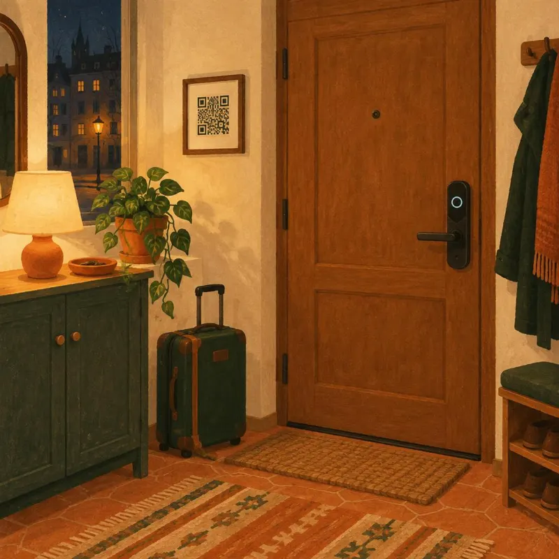 Ilustrácia útulnej chodby apartmánu v noci
